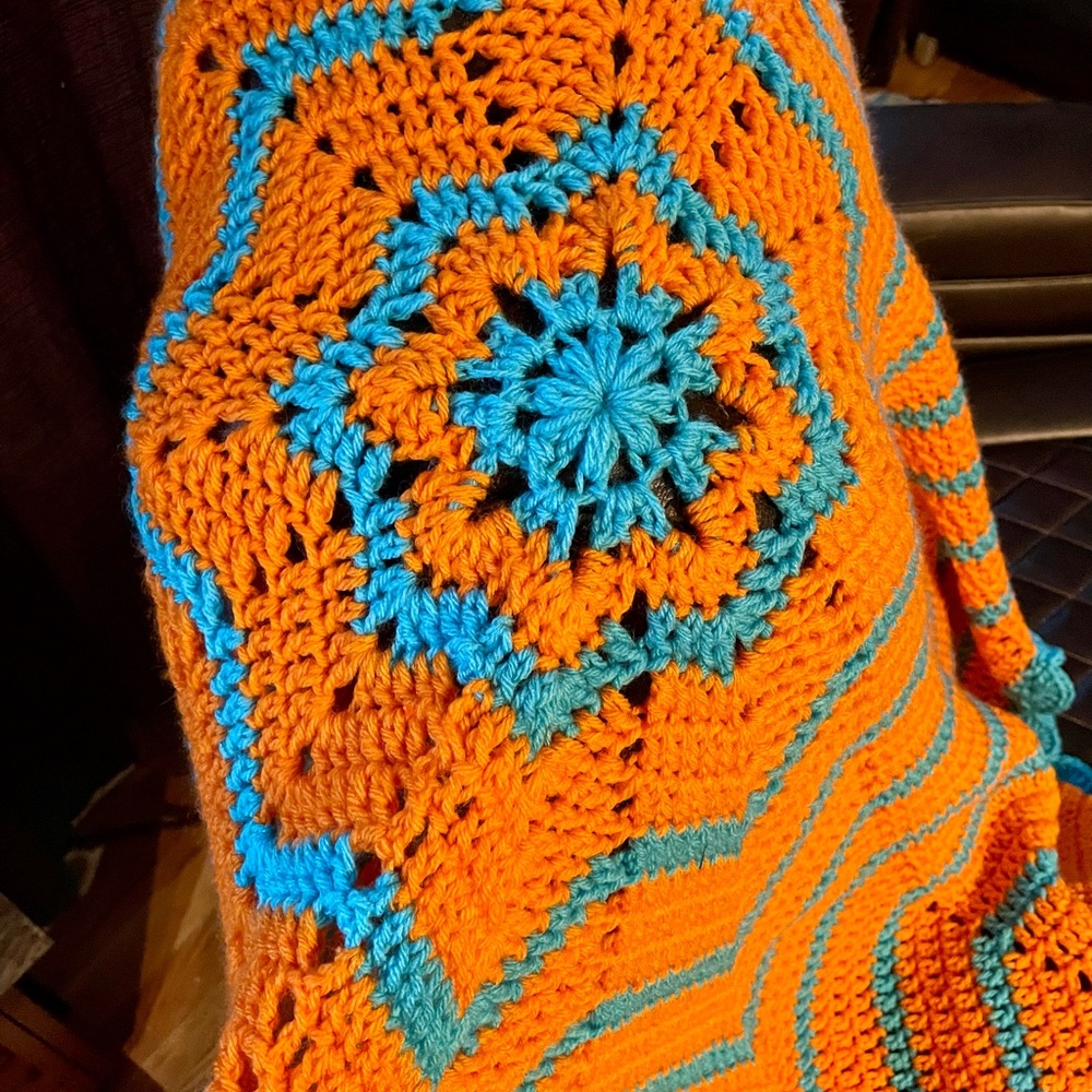 Handcrafted Orange and Turqua Crochet Star Afghan